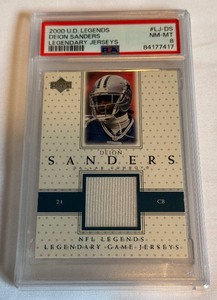 lot 19A image: Deion Sanders Jersey Relic PSA 8 NM-MT 2000 UD Legends Legendary Jersets #LJ-DS Football Card