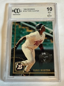 lot 40A image: Torii Hunter Graded 10 Gem Mint 1994 Bowman #104 Minnesota Twins Baseball Card