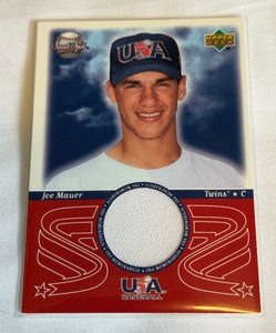 lot 53A image: Joe Mauer Game-Used Jersey Relic 2001 Upper Deck Team USA Sweet Spot #USA-JM