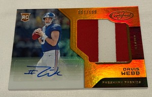 lot 77A image: Davis Webb RC Patch Auto 199 2017 Certified Freshman Fabrics #224 Numbered 61199 Rookie Football Card