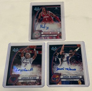 lot 79A image: (3) 2025 Bowman Chrome University Basketball Autos - McDowell, Blocker, Johnson