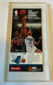 lot 47B image: Charlotte Hornets 1988 Premiere Night Ticket Front Row November 4, 1988 Hornets vs. Cavaliers