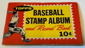lot 15B image: 1961 Topps Stamp Album With Stars - Mickey Mantle,  Hank Aaron, Willie Mays, Brooks Robinson,  Yastrzemski,  Kaline, Maris,  Berra,  Ford, Koufax, Drysdale, Spahn, Matthews, Musial