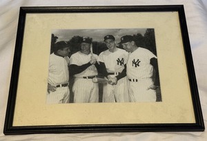 lot 108A image: New York Yankees Vintage Photo - Yogi Berra, Mickey Mantle,  Joe DiMaggio, Ralph Houk by Don Wingfield 15x12 Frame
