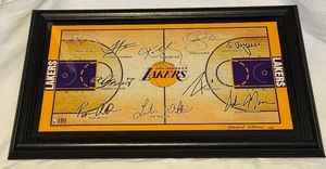 lot 113A image: Los Angeles Lakers 2010 Signature Court Facsimile Kobe Bryant 19.5x12 Framed Piece