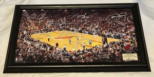 lot 114A image: Miami Heat 2010 Signature Court Facsimile LeBron James Basketball 19.5x12 Framed Piece