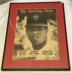 lot 116A image: Rod Carew 1969 Sporting News Baseball Cover Framed and Matted 14.5x19 Piece Vintage Minnesota Twins Baseball