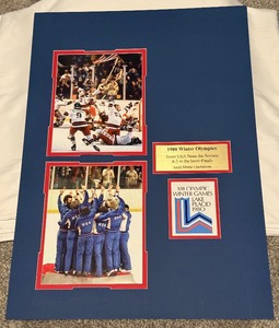 lot 125A image: Miracle on Ice 1980 Team USA Olympic Hockey Gofl Medal Game Matted Photos and Plaque