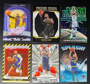 lot 161A image: 6-Card NBA Superstar Insert Lot (Curry, LeBron, Giannis and Doncic)