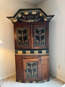 lot 1U image: Hand-Painted Antique Corner Cabinet with Crown Motif, 1787