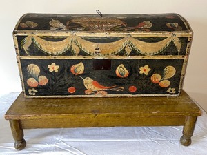 lot 2U image: Antique Painted Folk Art Dome Top Wooden Chest on Stand