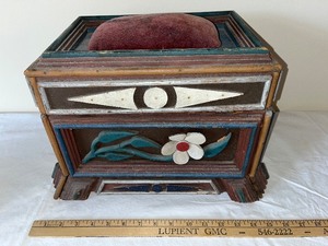 lot 4U image: Antique Folk Art Wooden Sewing Box with Pincushion and Floral Detail