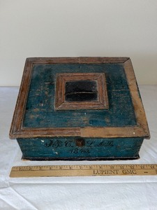 lot 8U image: 1845 Painted Antique Wooden Document Box with Hinged Lid