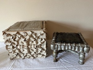 lot 18U image: Set of 2 Antique Footstools with Carved Wood Frames and Upholstered Tops