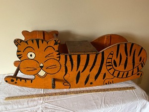 lot 22U image: Vintage Wooden Tiger Rocking Toy with Hand-Painted Details