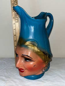 lot 31U image: Vintage Lady Head Face Pitcher Blue and Hand-Painted Ceramic Jug