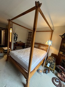 lot 35U image: Wooden Queen Canopy Bed Frame with Ornate Headboard