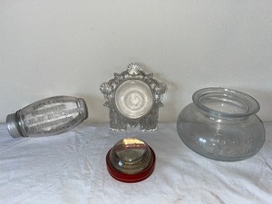 lot 38U image: Vintage Glass Apothecary and Advertising Jar Collection with Magnifying Glass Paperweight