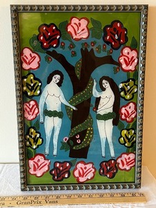 lot 50U image: Folk Art Framed Painting of Adam and Eve with Serpent 17x13 Inches