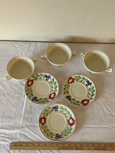 lot 51U image: Vintage Woods Ware England Hand Painted Cream Soup Bowls and Saucers Set