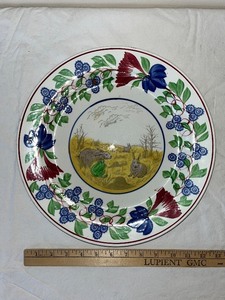 lot 57U image: Antique Hand Painted Plate with Rabbits and Floral Border