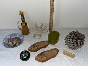 lot 62U image: Variety Lot Russian Lacquer Box, Wooden Shoes, Pine Cone, Ceramic Hand, and More