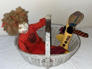lot 67U image: Vintage Cloth Art Doll, Handmade Fabric Doll, and White Wicker Basket Set
