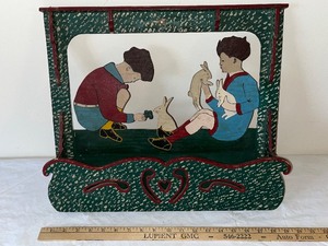lot 70U image: Hand-Painted Wooden Wall Shelf with Children and Bunny Rabbit Design
