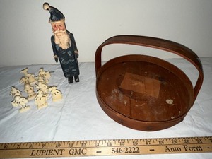 lot 83U image: Folk Art Wooden Santa Figure, Handled Shaker Box, and Set of Carved Miniature Figures