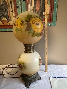 lot 88U image: Vintage Hand-Painted Globe Lamp with Floral Design and Ornate Metal Base