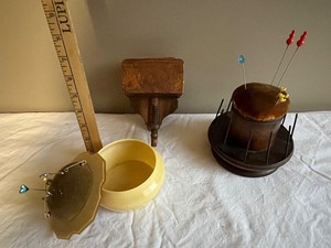 lot 89U image: Antique Sewing Notions Lot with Pin Cushions and Wood Clamp Box