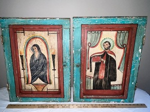 lot 152U image: Pair of Vintage Hand-Painted Religious Wooden Cabinet Doors