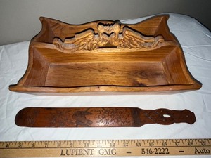 lot 158U image: Carved Wood Letter Tray and Decorative Spatula Set