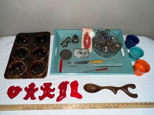 lot 160U image: Vintage Kitchenware Lot with Muffin Pan, Cookie Cutters, Mixing Bowls, and Utensils