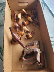 lot 35G image: Lot of Wooden Bird Sculptures & Vintage Wood Saw Handles