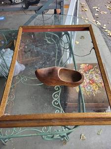 lot 106G image: Vintage Wooden Shoe with Inscriptions & Wooden Frame