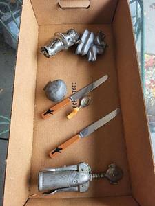 lot 108G image: Vintage Kitchenware Lot Molds, Cutlery, Corkscrew