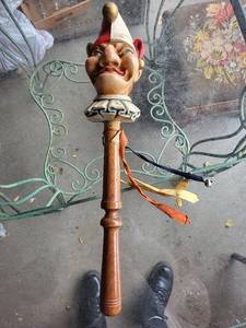 lot 132G image: Vintage Jester Puppet Head with Wooden Handle