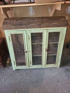 lot 159G image: Vintage Wooden Cabinet with Wire Mesh Doors - Rustic Distressed Green