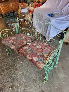 lot 171G image: Vintage Wrought Iron Bench with Floral Cushions