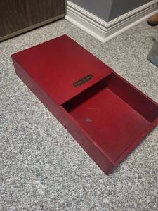 lot 243U image: Vintage Red Wooden Waste Basket with Patent Pending Label