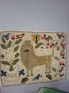 lot 247U image: Handmade Rug with Lion and Nature Motifs - 36x35 Inches