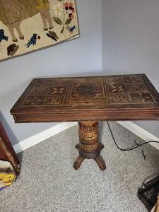 lot 259U image: Intricately Inlaid Wooden Pedestal Table with Detailed Designs