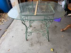 lot 4G image: Vintage Ornate Metal Patio Table with Glass Top
