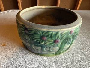 lot 6G image: Antique 1920s Roseville Vista Art Floral Pottery Planter with Raised Design