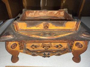 lot 13G image: Antique Sewing Box with Parquetry Inlay Missing Tufted Top Box includes Drawer