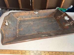 lot 18G image: Antique Rustic Wooden Tray with Heart-Shaped Handles