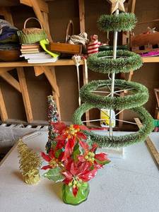 lot 21G image: Holiday Decorative Set Poinsettia Arrangement, Beaded & Tinsel Trees
