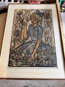 lot 23G image: Antique Framed Print of Girl in Garden Block Art Signed