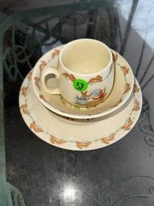lot 45G image: Bunnykins Royal Doulton Childrens China Set, Wood Hand Carved Bunny Handle Basket and Bunny Napkin Ring